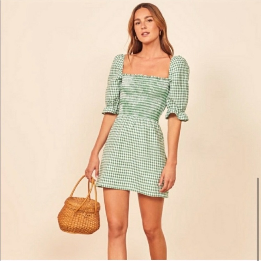 Reformation Green Gingham Mini Dress